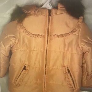 Girls' Tan Puff Jacket with Faux Fur Trim